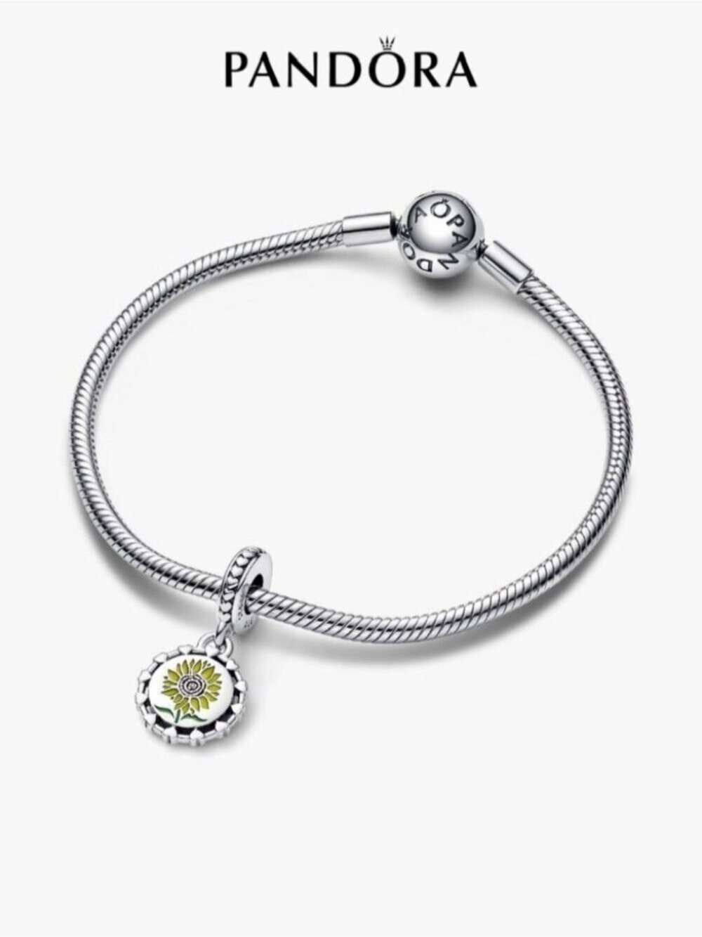 Pandora Silver Bracelet with Green Enamel Sunflower Dangle